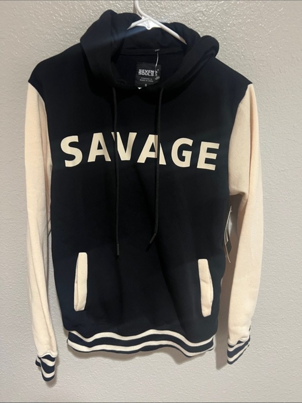 NWT Seven Souls SAVAGE Black & Cream Colorblock Hoodie